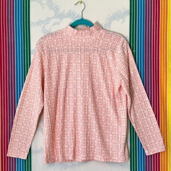 VINTAGE 90s pastel pink white mock turtleneck flower pattern extra large - Picture 1 of 3